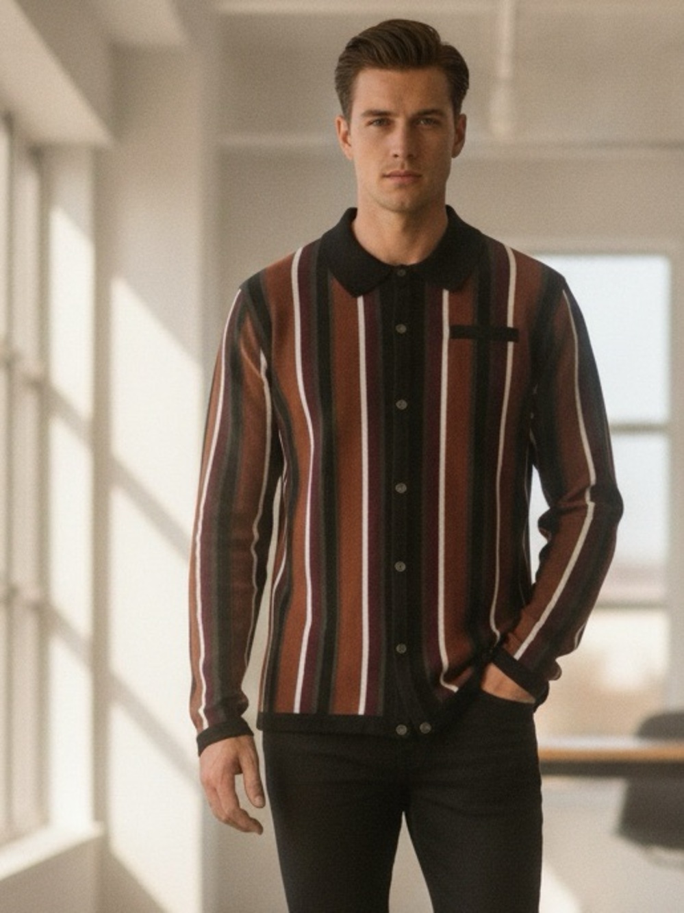 Striped Button-Up Polo in Rust and Black - Picture 2 of 4